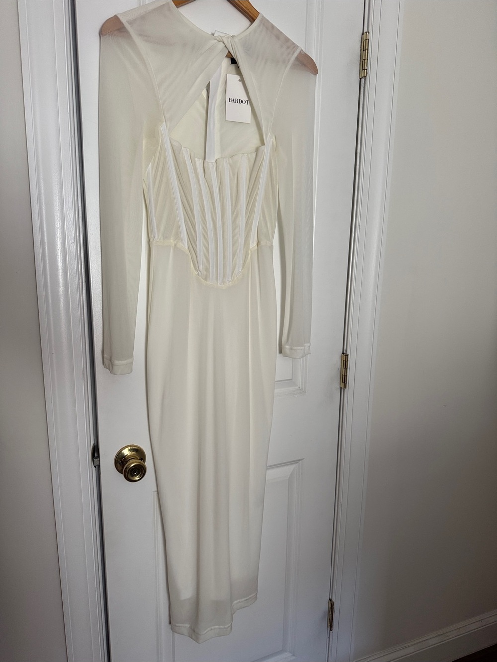 Bardot Ivory Long Sleeve Mesh Midi Dress with Corset Bodice